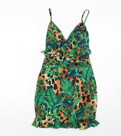 PRETTYLITTLETHING Womens Green Geometric Polyester Mini Size 4XL V-Neck Zip - Open Back