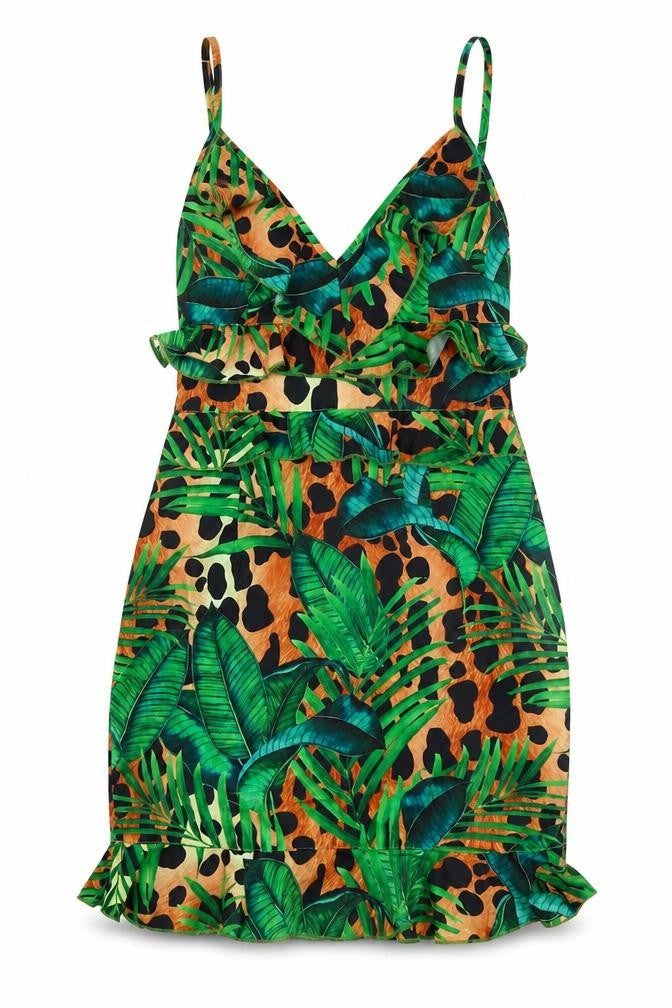 PRETTYLITTLETHING Womens Green Geometric Polyester Mini Size 4XL V-Neck Zip - Open Back