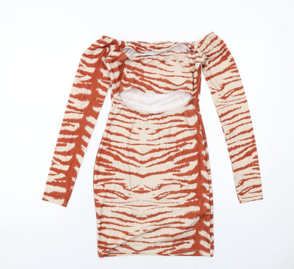 Additional front view of Missguided women’s beige geometric viscose bodycon, size UK 8, round neck pullover