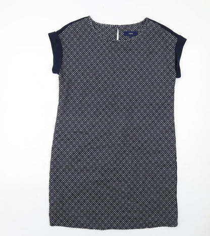 Next Womens Blue Geometric Polyester Shift Size 12 Round Neck Button