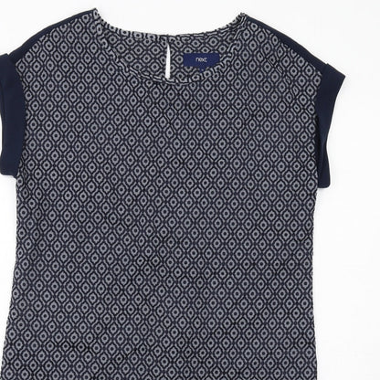 Next Womens Blue Geometric Polyester Shift Size 12 Round Neck Button