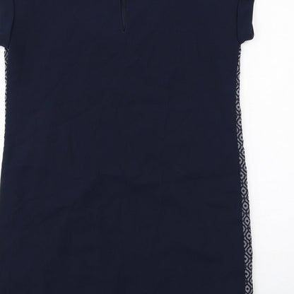 Next Womens Blue Geometric Polyester Shift Size 12 Round Neck Button