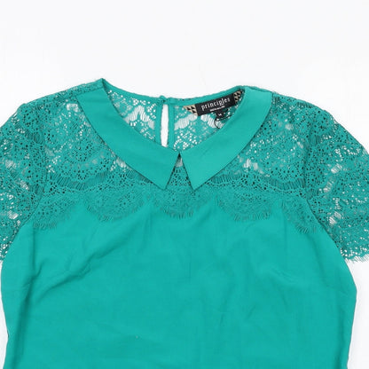 Close-up detail of Principles women’s green polyester basic tank, size UK 14, collared - lace details