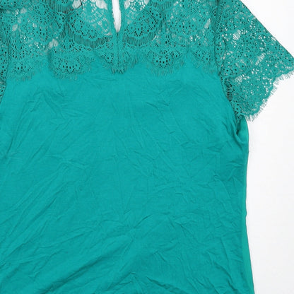 Brand and care label for Principles women’s green polyester basic tank, size UK 14, collared - lace details