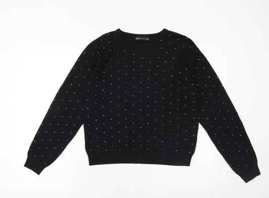 Marks and Spencer Womens Black Round Neck Polka Dot Viscose Pullover Jumper Size M