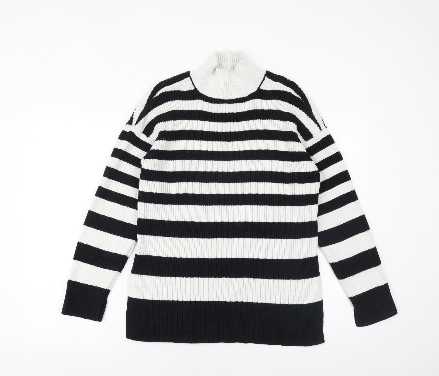 Marks and Spencer Womens Black Mock Neck Striped Cotton Pullover Jumper Size M