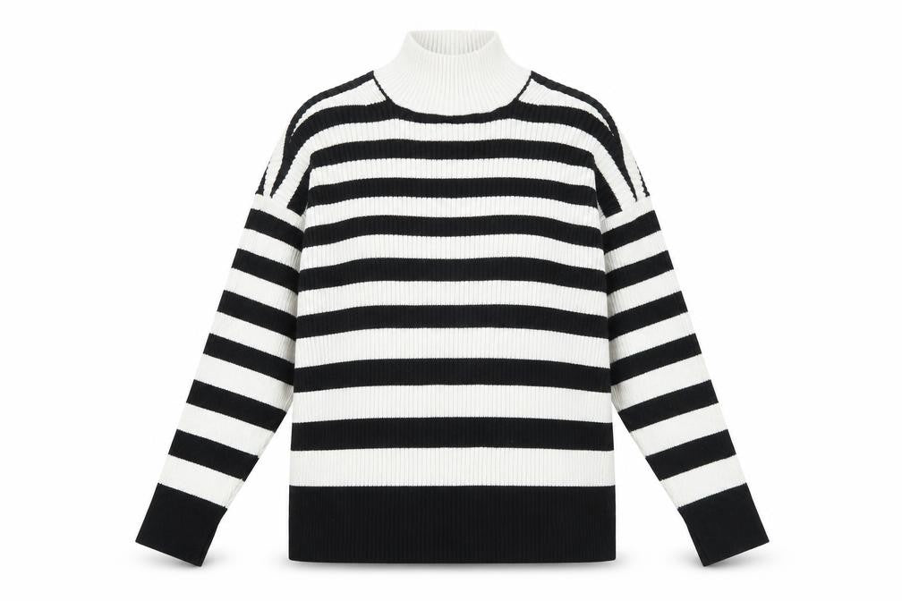 Marks & Spencer Womens Black Mock Neck Striped Cotton Pullover Jumper Size M