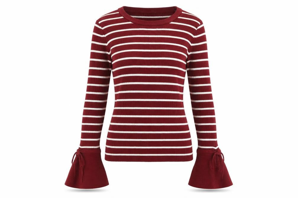 Fee Red Womens Red Round Neck Striped Viscose Pullover Jumper Size S