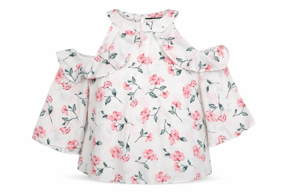 Select Womens White Floral Polyester Basic Blouse Size 10 Round Neck - Cold Shoulder