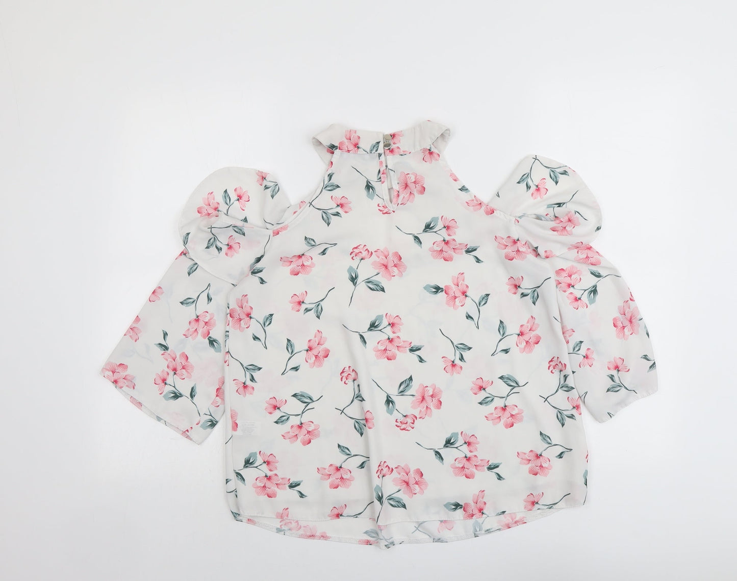Select Womens White Floral Polyester Basic Blouse Size 10 Round Neck - Cold Shoulder