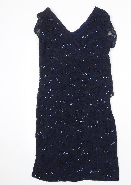 Scarlett Nite Womens Blue Nylon Sheath Size 8 V-Neck Zip
