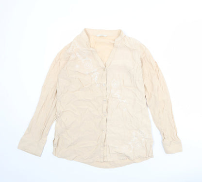 Marks & Spencer Womens Beige Viscose Basic Button-Up Size 12 V-Neck - Size 12-14