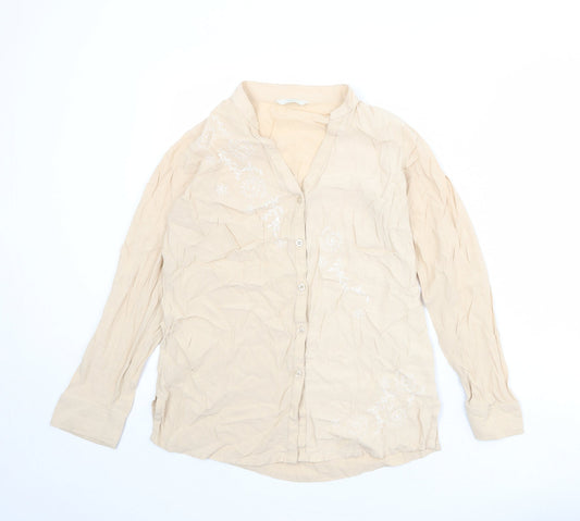Marks and Spencer Womens Beige Viscose Basic Button-Up Size 12 V-Neck - Size 12-14