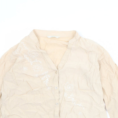 Marks & Spencer Womens Beige Viscose Basic Button-Up Size 12 V-Neck - Size 12-14