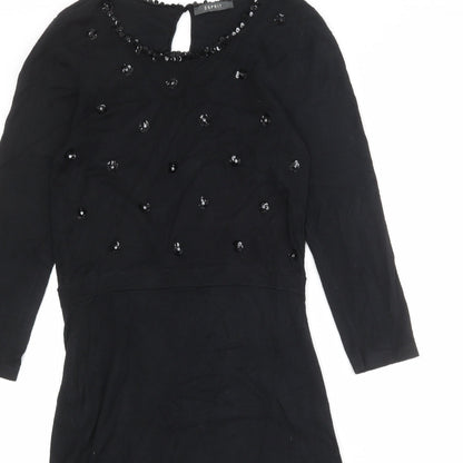 Close-up detail of ESPRIT women’s black viscose a-line, size M, round neck button