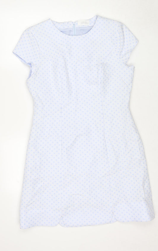 Savida Womens Blue Polka Dot Polyester Shift Size 14 Round Neck Zip