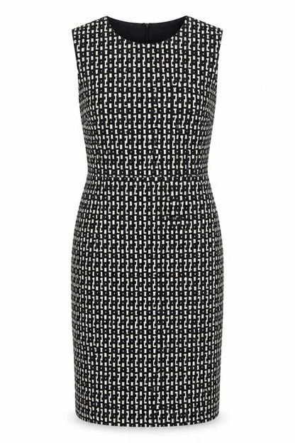 Front view of Linea women’s black geometric polyester shift, size UK 14, round neck zip