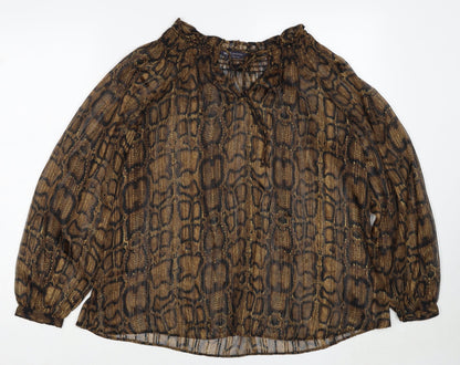 Marks & Spencer Womens Brown Animal Print Polyester Basic Blouse Size 8 V-Neck - Snakeskin Pattern