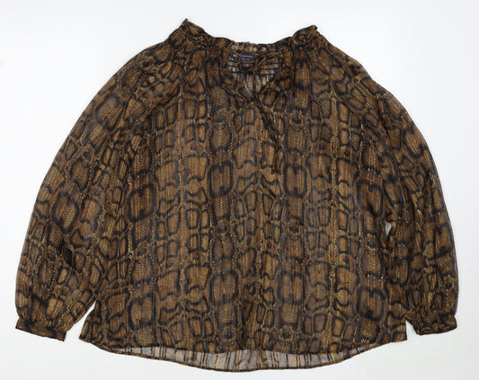 Marks and Spencer Womens Brown Animal Print Polyester Basic Blouse Size 8 V-Neck - Snakeskin Pattern