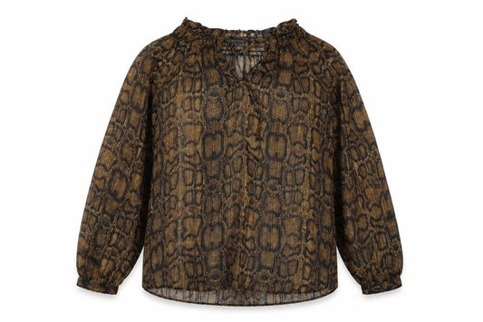 Marks and Spencer Womens Brown Animal Print Polyester Basic Blouse Size 8 V-Neck - Snakeskin Pattern