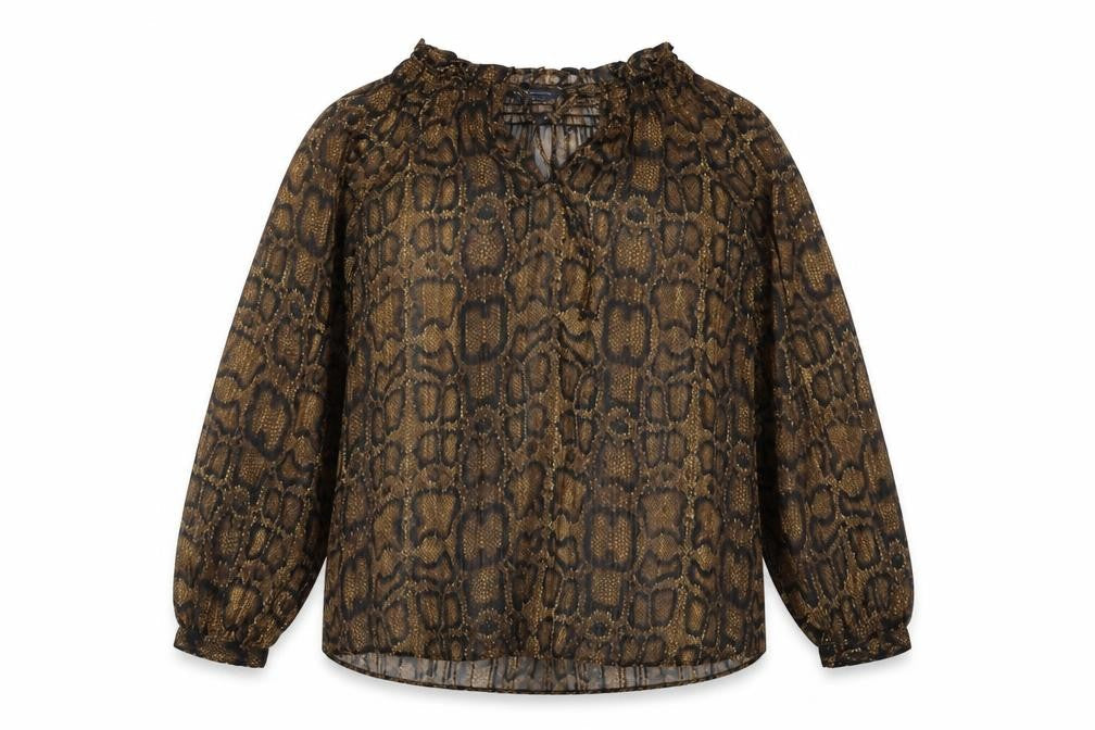Marks & Spencer Womens Brown Animal Print Polyester Basic Blouse Size 8 V-Neck - Snakeskin Pattern