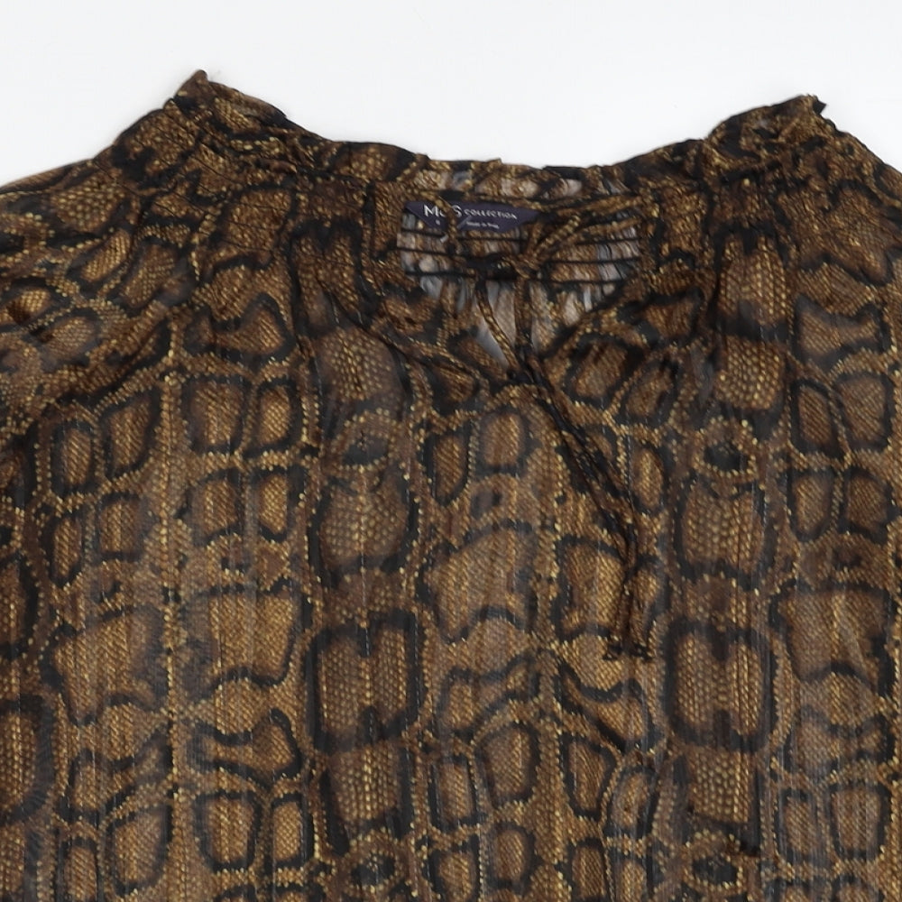 Marks and Spencer Womens Brown Animal Print Polyester Basic Blouse Size 8 V-Neck - Snakeskin Pattern