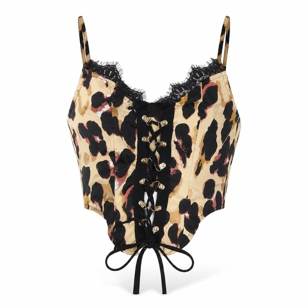 PRETTYLITTLETHING Womens Brown Animal Print Polyester Cropped Tank Size 6 V-Neck - Leopard Pattern