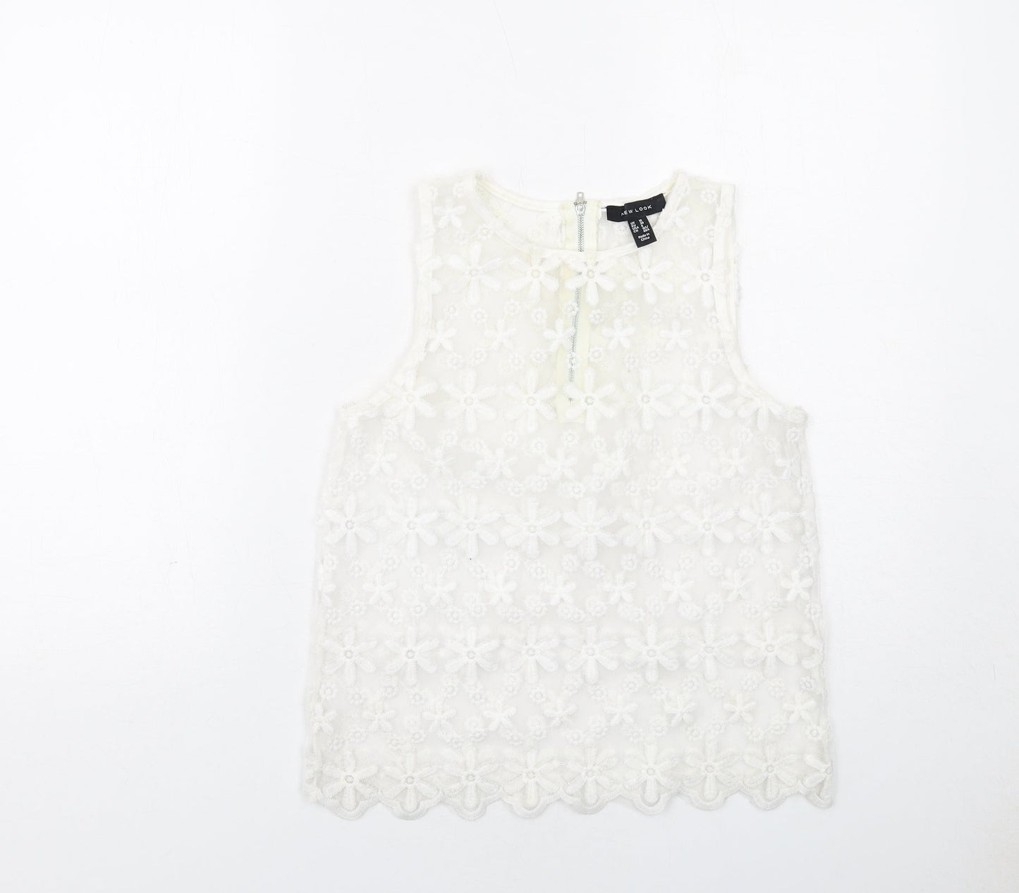 New Look Womens White Floral Polyester Basic Tank Size 10 Round Neck
