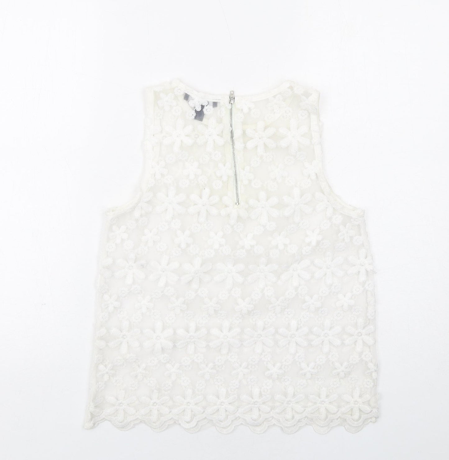 New Look Womens White Floral Polyester Basic Tank Size 10 Round Neck