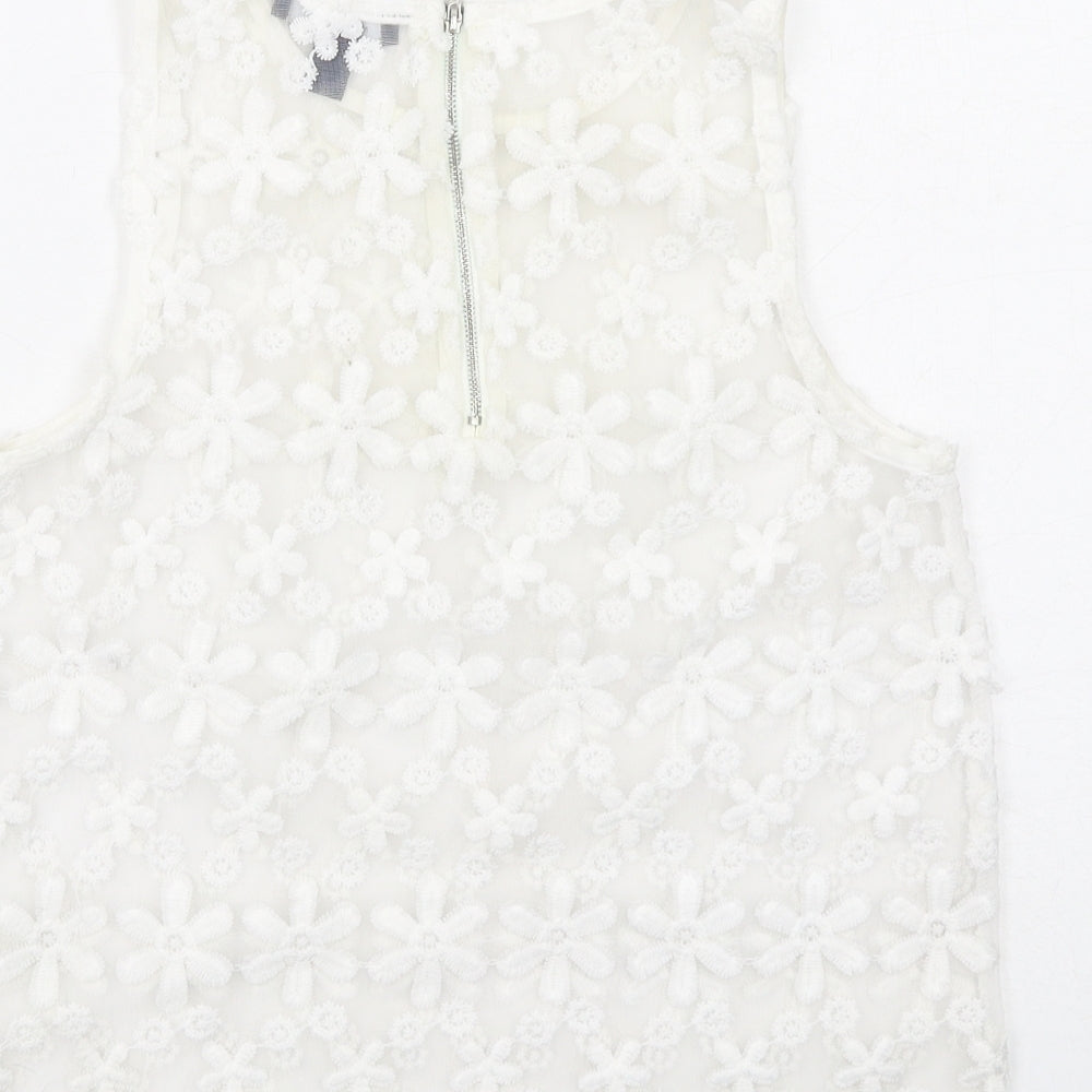 New Look Womens White Floral Polyester Basic Tank Size 10 Round Neck