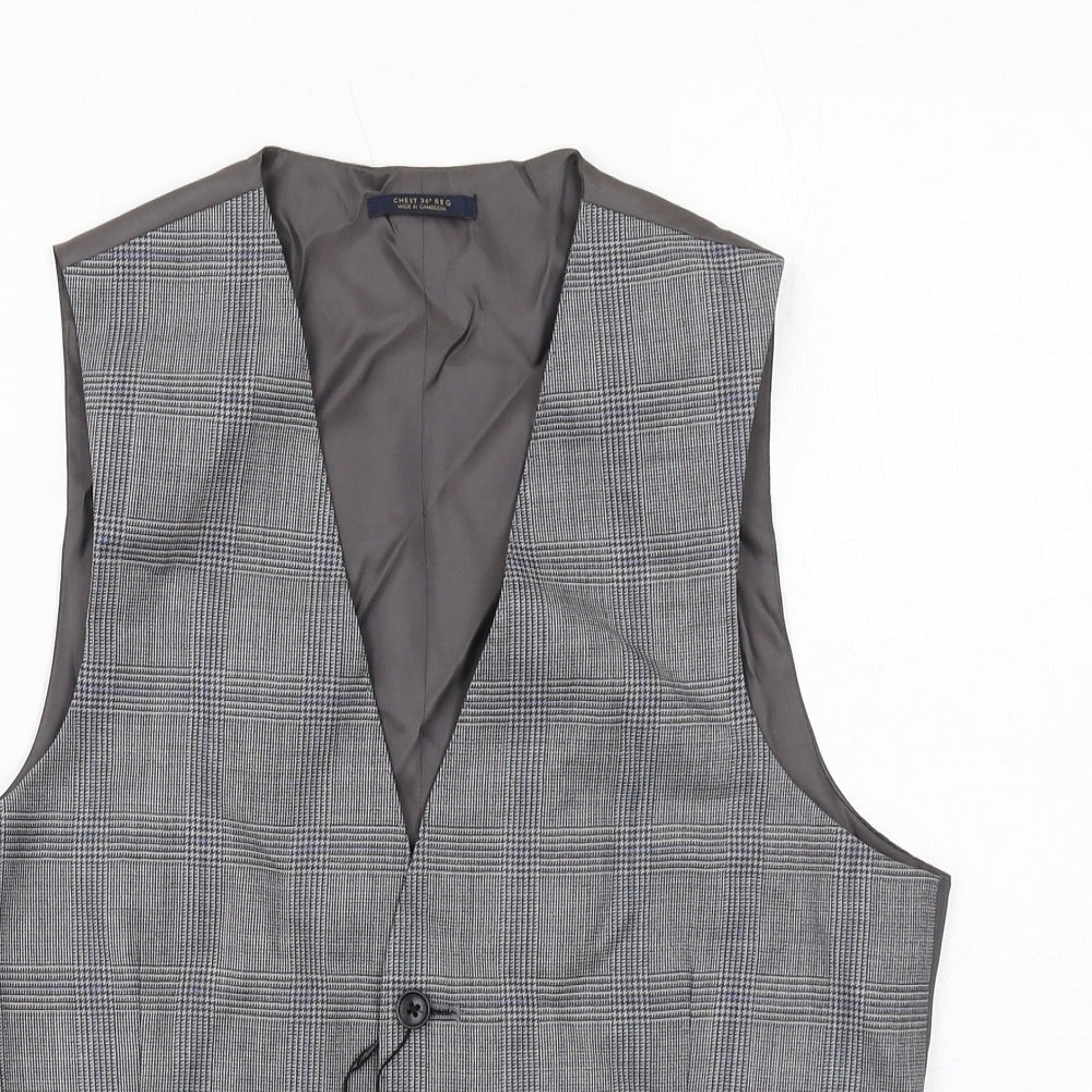 Marks and Spencer Mens Grey Plaid Wool Jacket Suit Waistcoat Size 36 Regular