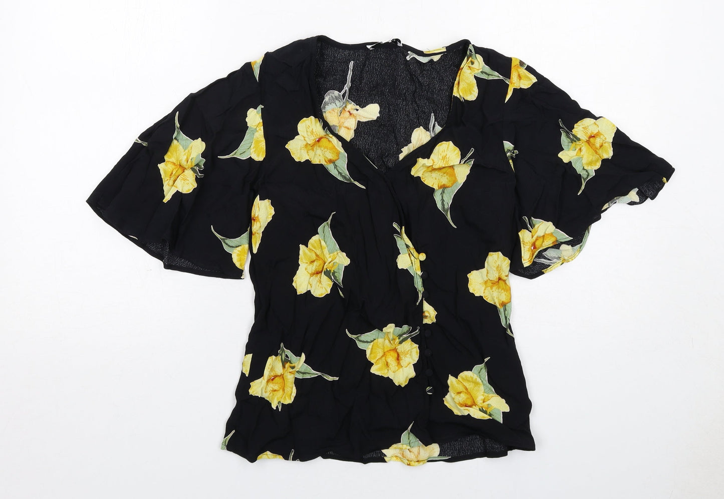 Warehouse Womens Black Floral Viscose Basic Blouse Size 6 V-Neck