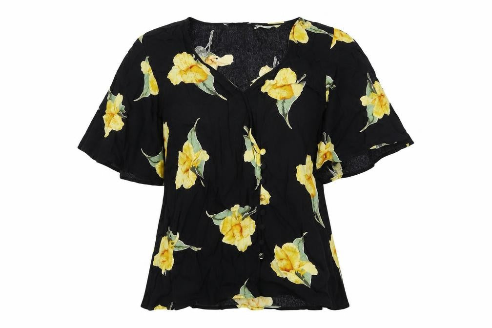 Warehouse Womens Black Floral Viscose Basic Blouse Size 6 V-Neck