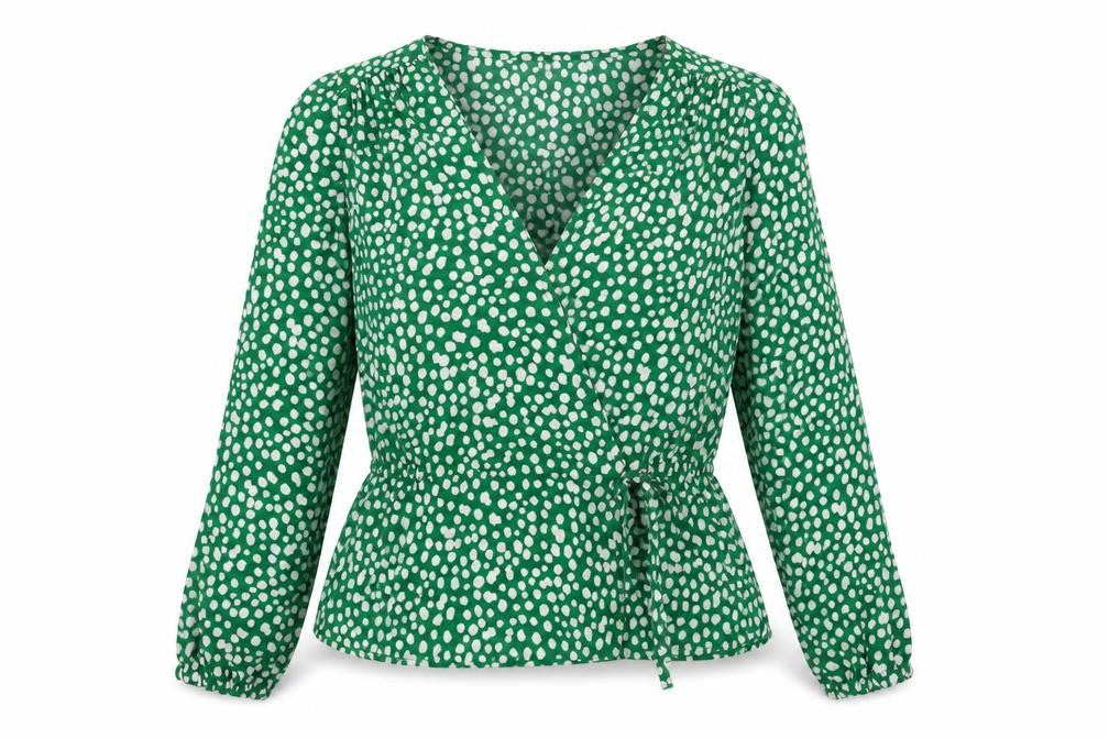 Monki Womens Green Animal Print Polyester Basic Blouse Size XS V-Neck - Spotted