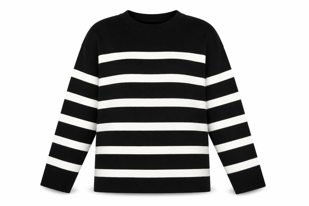 Marks & Spencer Womens Black Round Neck Striped Cotton Pullover Jumper Size S