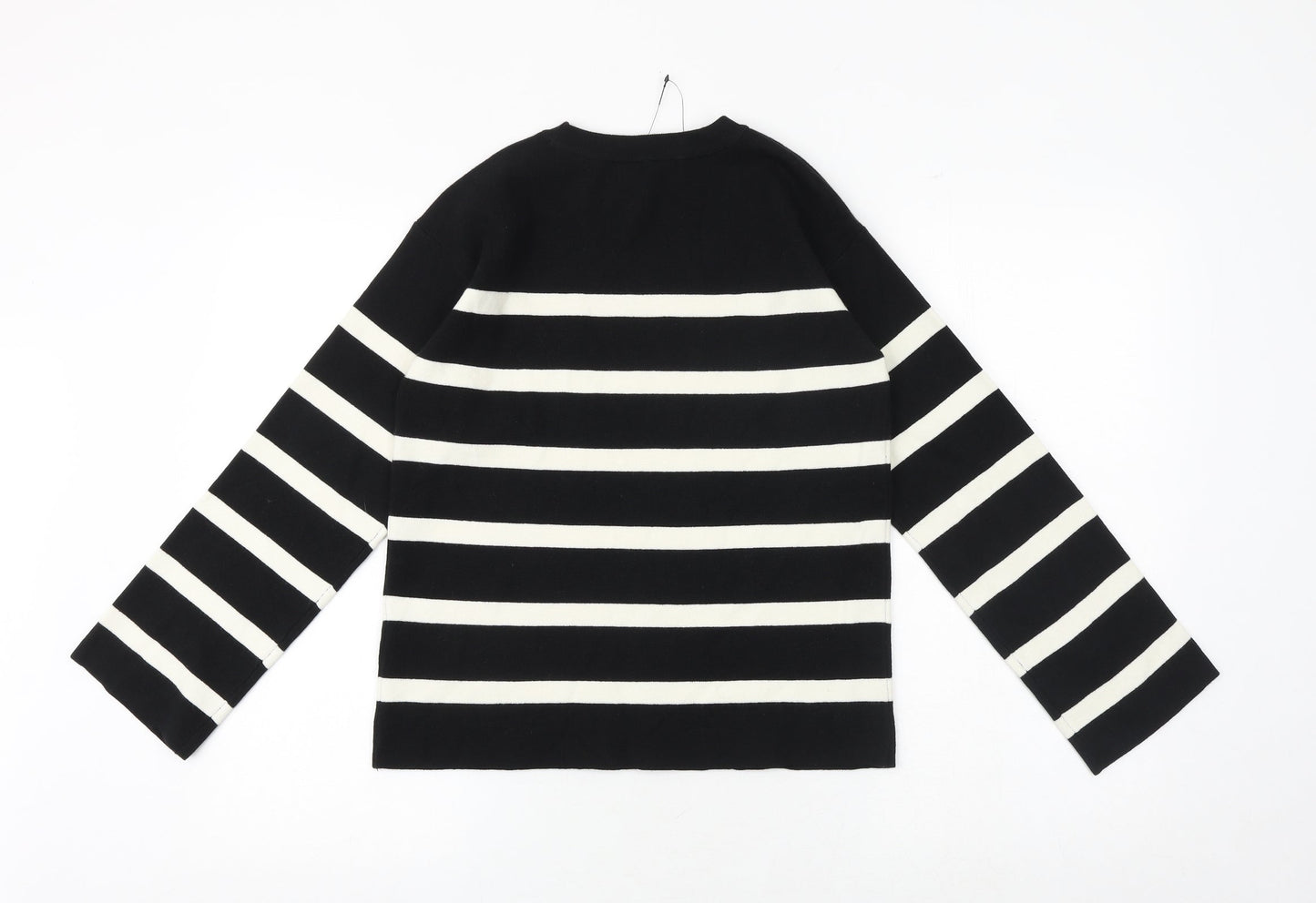 Marks and Spencer Womens Black Round Neck Striped Cotton Pullover Jumper Size S
