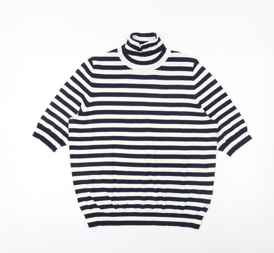 Marks and Spencer Womens Blue High Neck Striped Viscose Pullover Jumper Size 16
