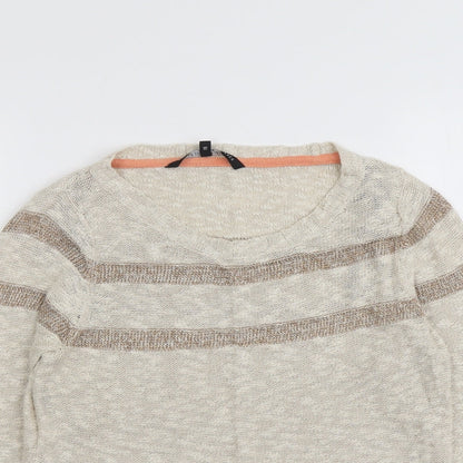Close-up detail of Betty Jackson women’s beige round neck cotton jumper, size UK 16