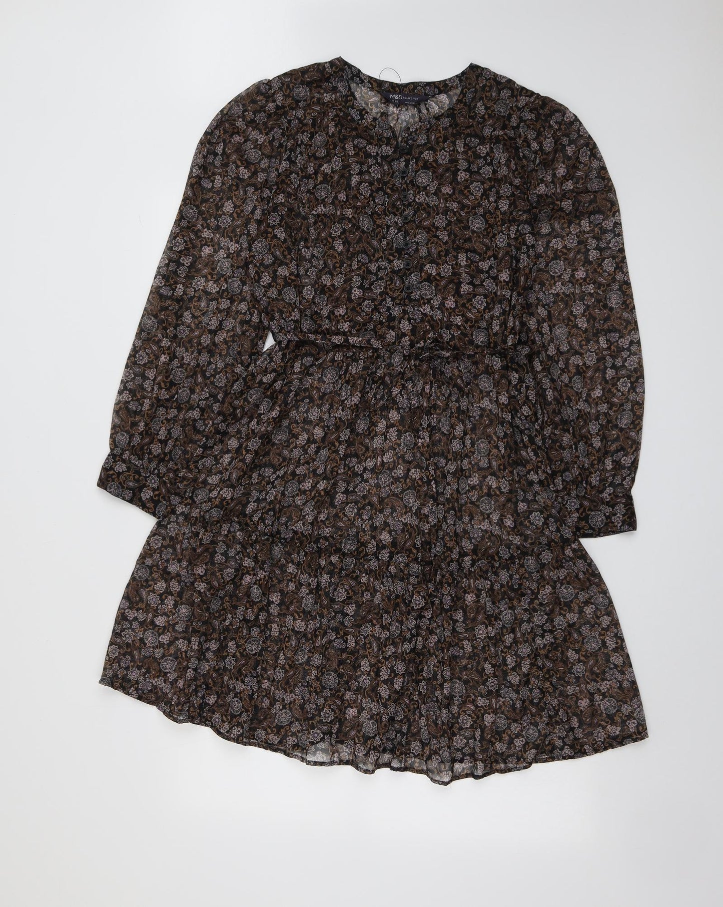 Marks and Spencer Womens Brown Geometric Polyester Shift Size 12 Round Neck Button
