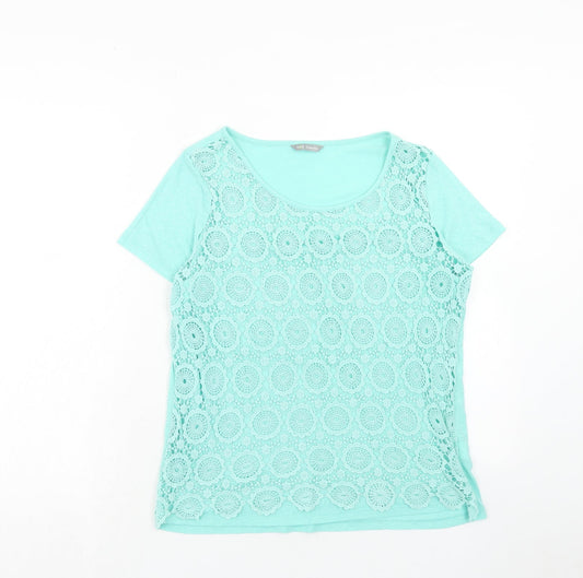 Marks and Spencer Womens Blue Geometric Viscose Basic T-Shirt Size 12 Scoop Neck