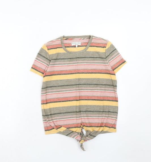 Texture & Thread Womens Multicoloured Striped Cotton Basic T-Shirt Size S Round Neck - Knot Front