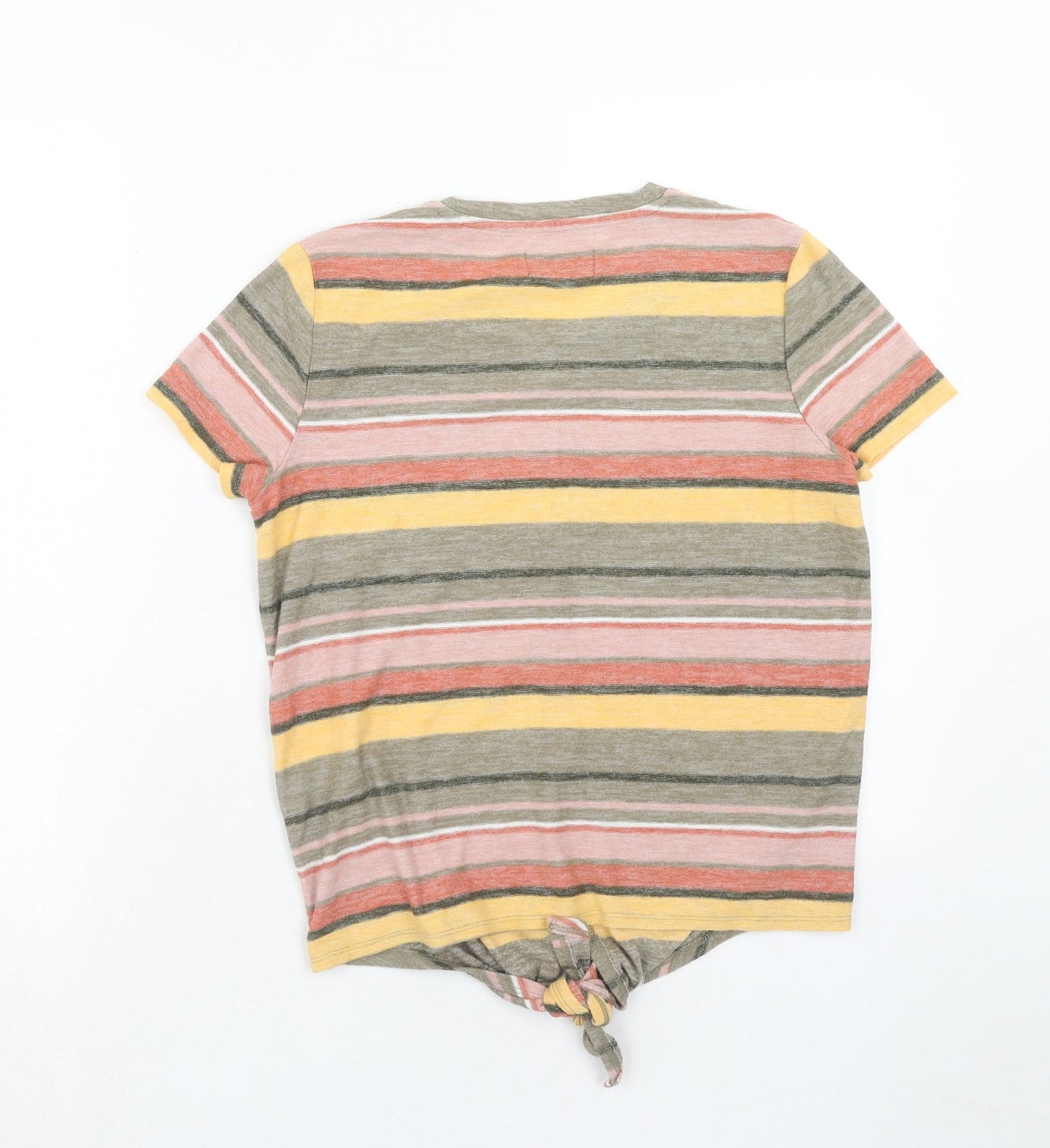 Texture & Thread Womens Multicoloured Striped Cotton Basic T-Shirt Size S Round Neck - Knot Front