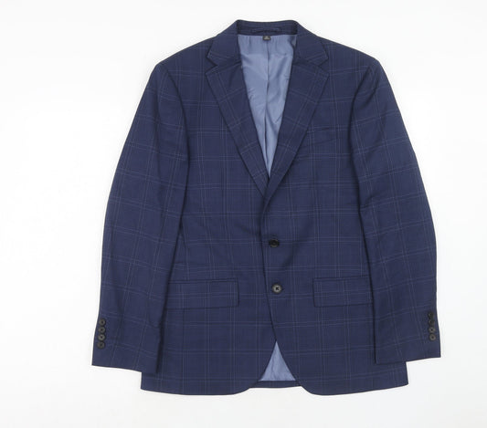 Marks and Spencer Mens Blue Plaid Polyester Jacket Suit Jacket Size 38 Regular