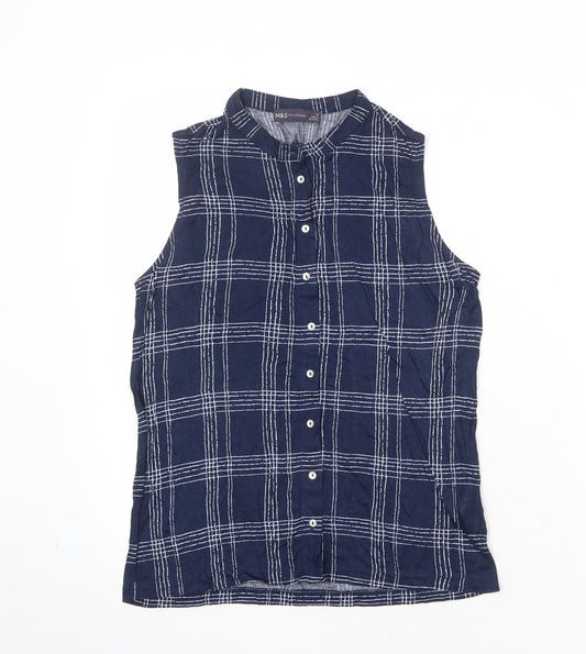 Marks and Spencer Womens Blue Plaid Viscose Basic Button-Up Size 10 Collared