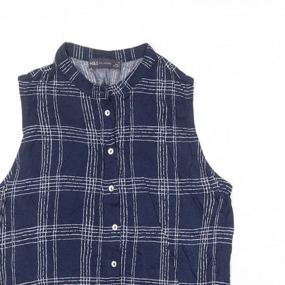 Marks & Spencer Womens Blue Plaid Viscose Basic Button-Up Size 10 Collared
