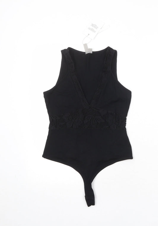 ASOS Womens Black Viscose Bodysuit One-Piece Size 8 Snap - Lace Detail