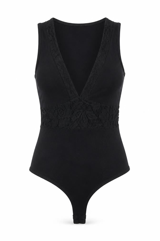ASOS Womens Black Viscose Bodysuit One-Piece Size 8 Snap - Lace Detail