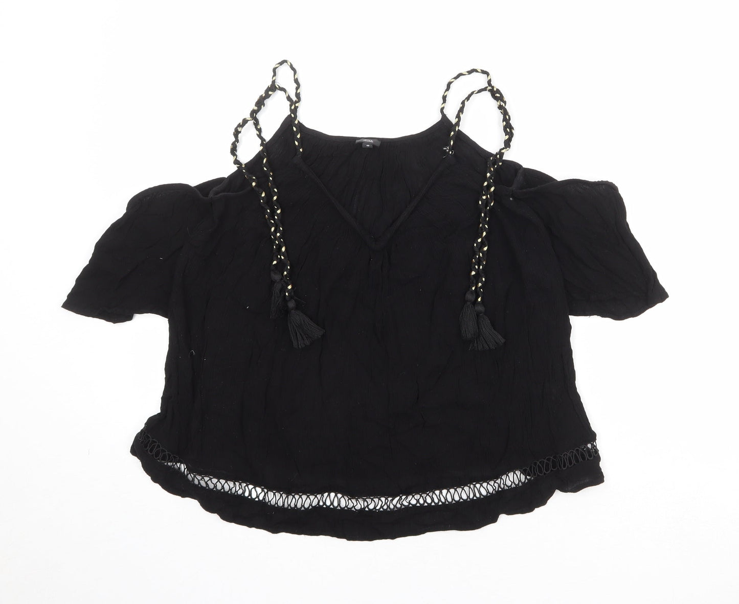 River Island Womens Black Viscose Basic Blouse Size 10 V-Neck - Cold Shoulder
