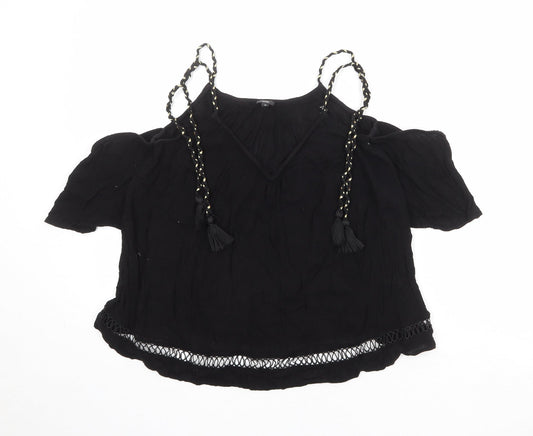 River Island Womens Black Viscose Basic Blouse Size 10 V-Neck - Cold Shoulder