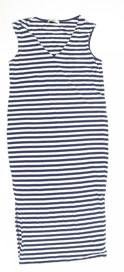 Oasis Womens Blue Striped Viscose A-Line Size S V-Neck Pullover